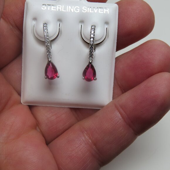 Sterling Lab Created Ruby Earring Hand Crafted Dangling - Picture 1 of 3